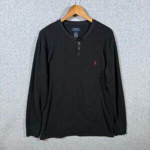 Polo Ralph Lauren Mens XL Black Waffle Knit Henley Long Sleeve Shirt Red Pony
